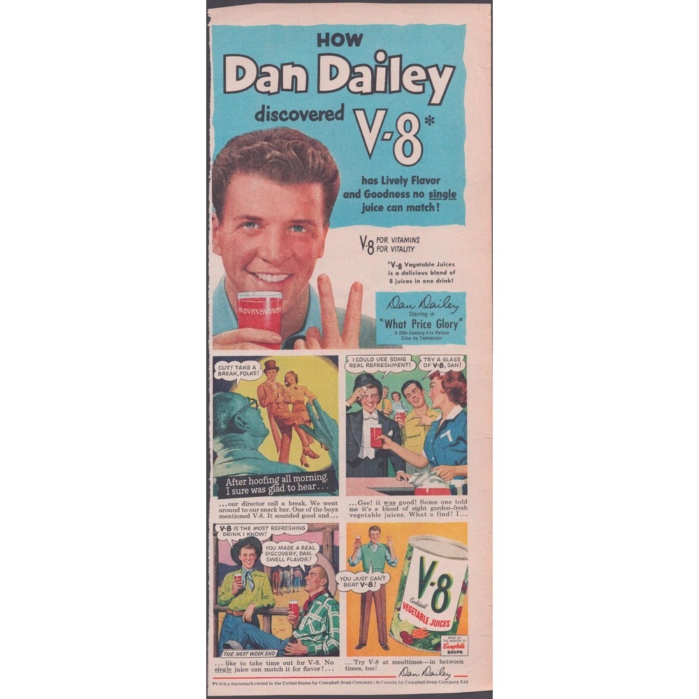 Vintage 1952 V8 Vegetable Juice Print Ad Dan Dailey What Price Glory 5x13